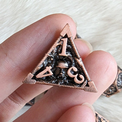 Medusa Hollow Metal Dice Set – 7 - Piece Snake Face DnD Dice - Fennek and Finch