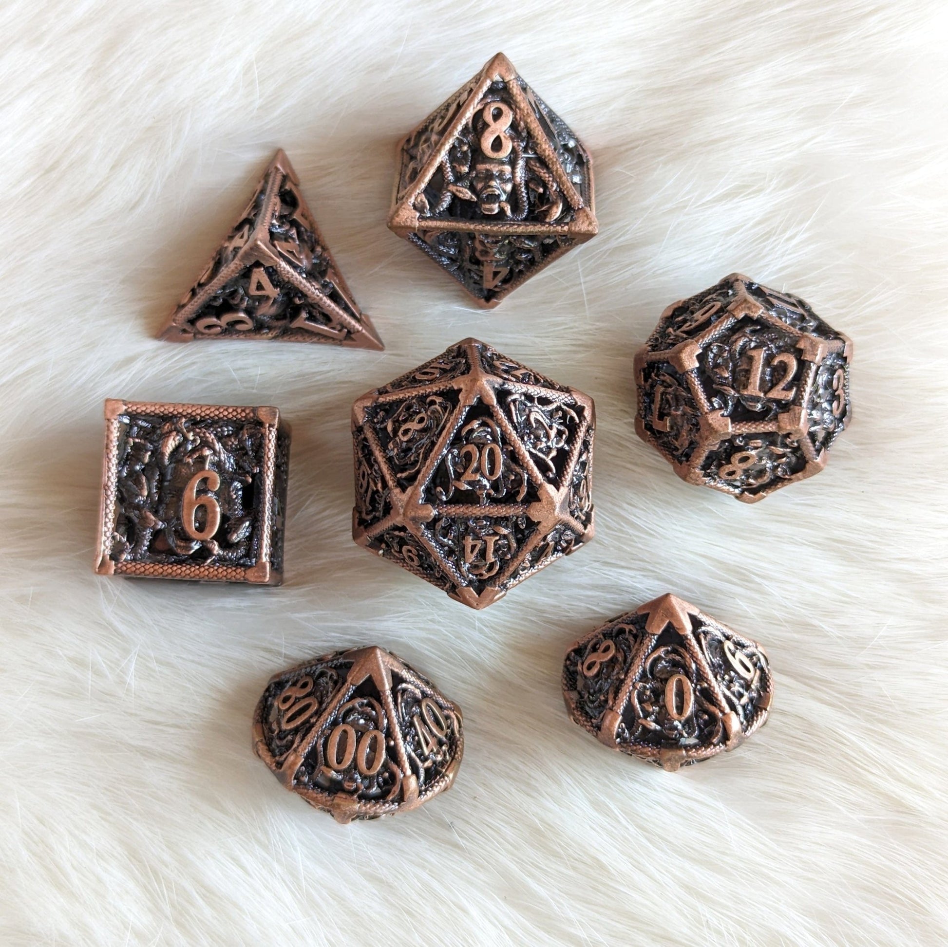 Medusa Hollow Metal Dice Set – 7 - Piece Snake Face DnD Dice - Fennek and Finch