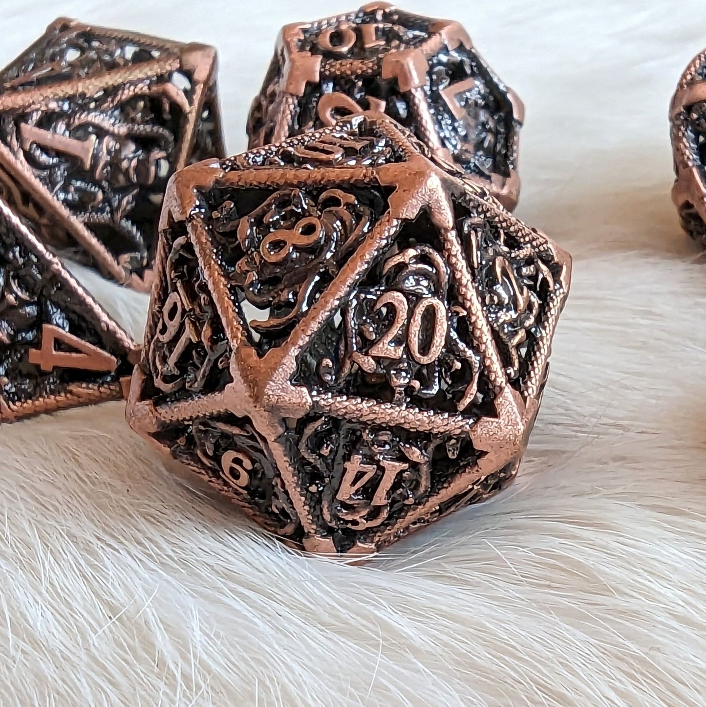 Medusa Hollow Metal Dice Set – 7 - Piece Snake Face DnD Dice - Fennek and Finch