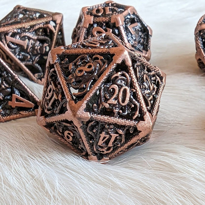 Medusa Hollow Metal Dice Set – 7 - Piece Snake Face DnD Dice - Fennek and Finch