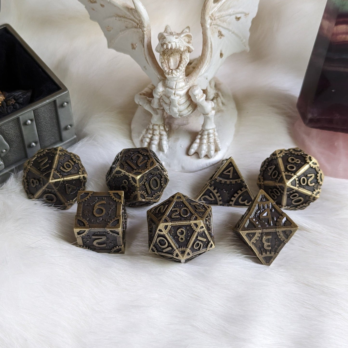 Metal Gears Dice Set Brass – 7 - Piece Clockwork Zinc Alloy DnD Dice - Fennek and Finch