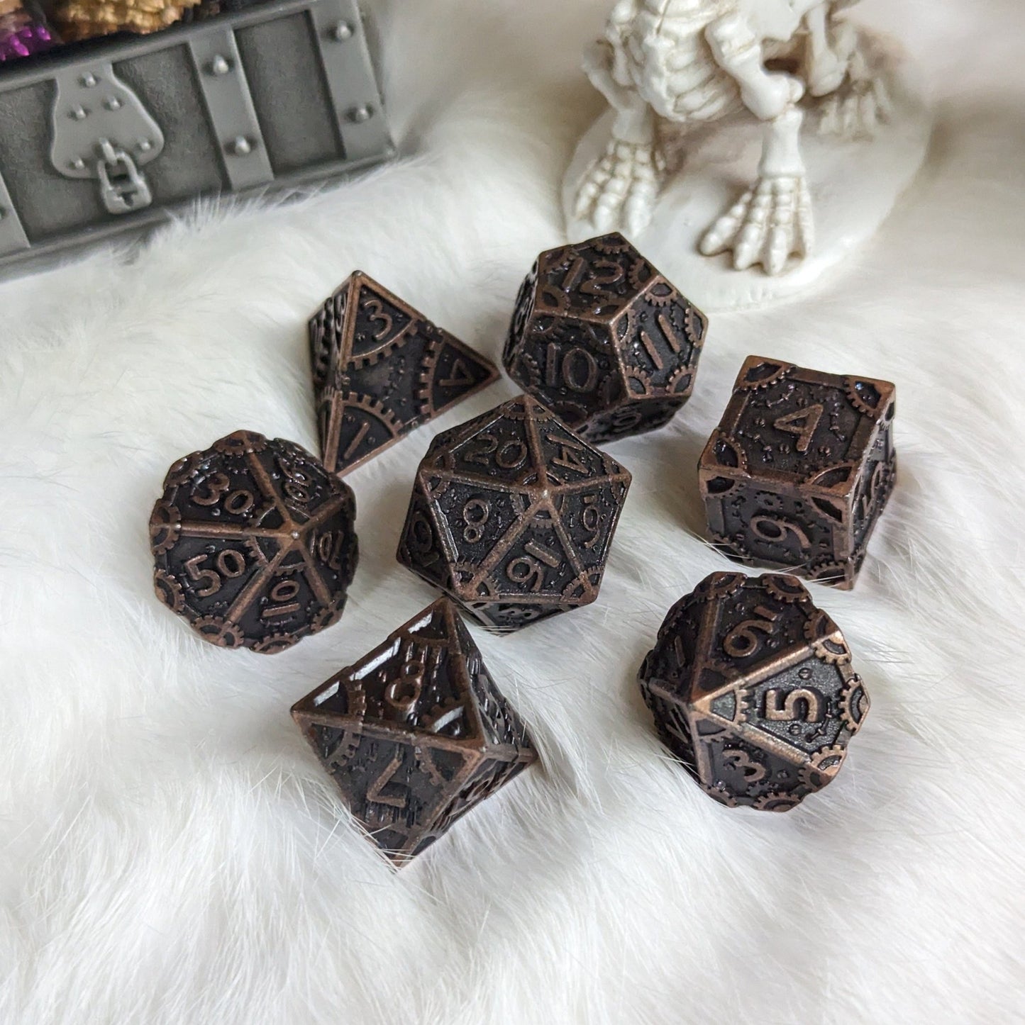 Metal Gears Dice Set Bronze – 7 - Piece Clockwork Zinc Alloy DnD Dice - Fennek and Finch