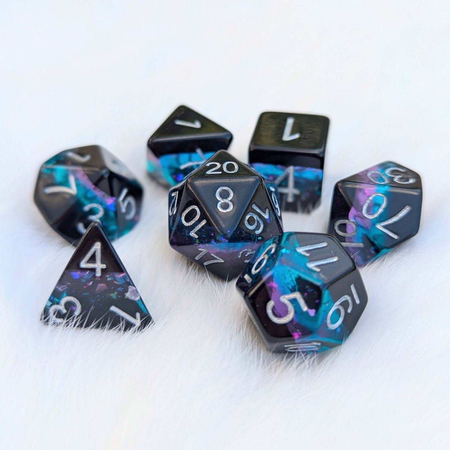 Midnight Nebula Dice Set – 7 - Piece Black Blue Purple Glitter Round - Edge DnD - Fennek and Finch