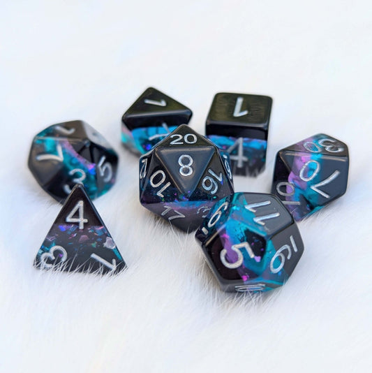 Midnight Nebula Dice Set – 7 - Piece Black Blue Purple Glitter Round - Edge DnD - Fennek and Finch