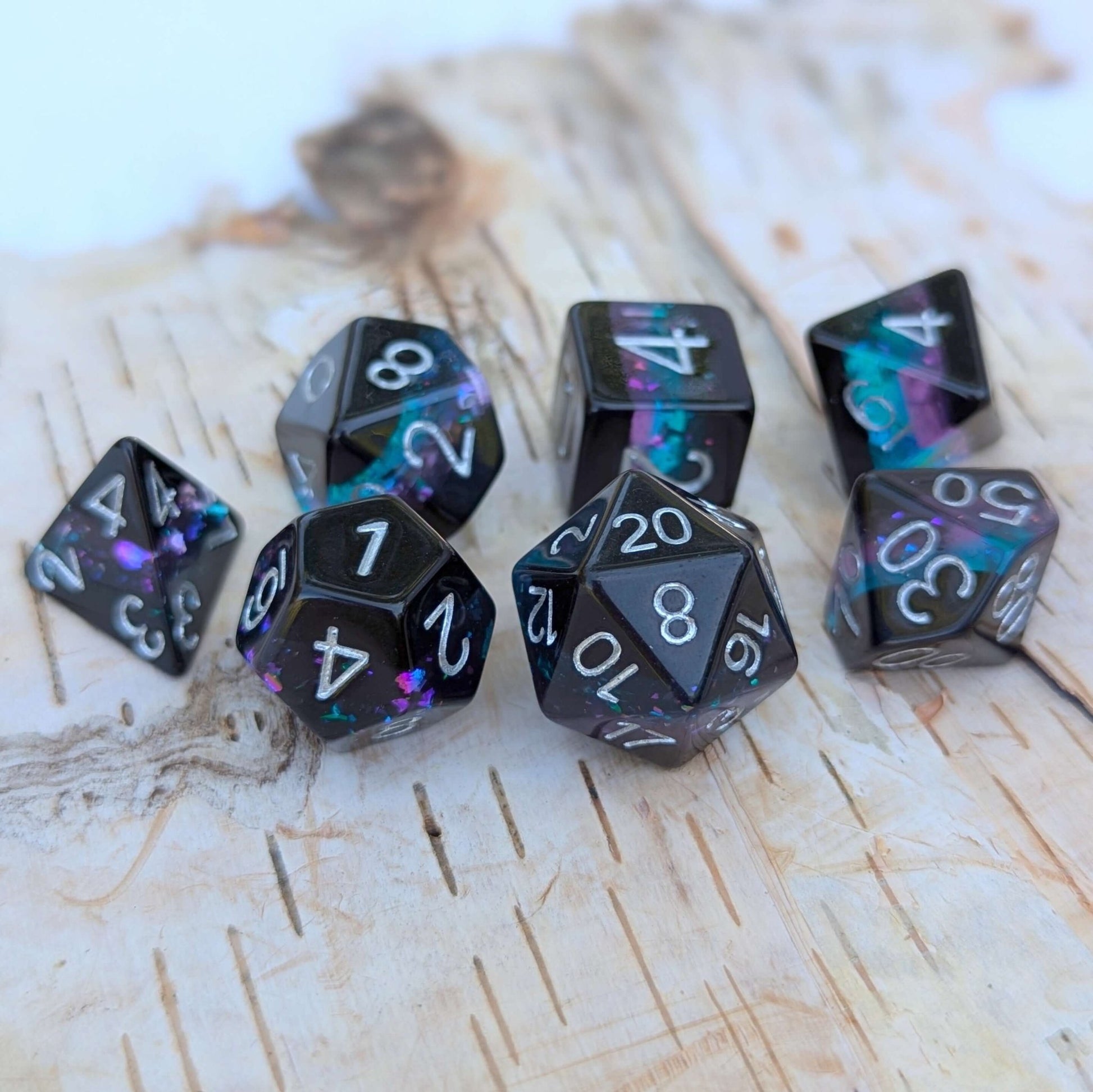 Midnight Nebula Dice Set – 7 - Piece Black Blue Purple Glitter Round - Edge DnD - Fennek and Finch