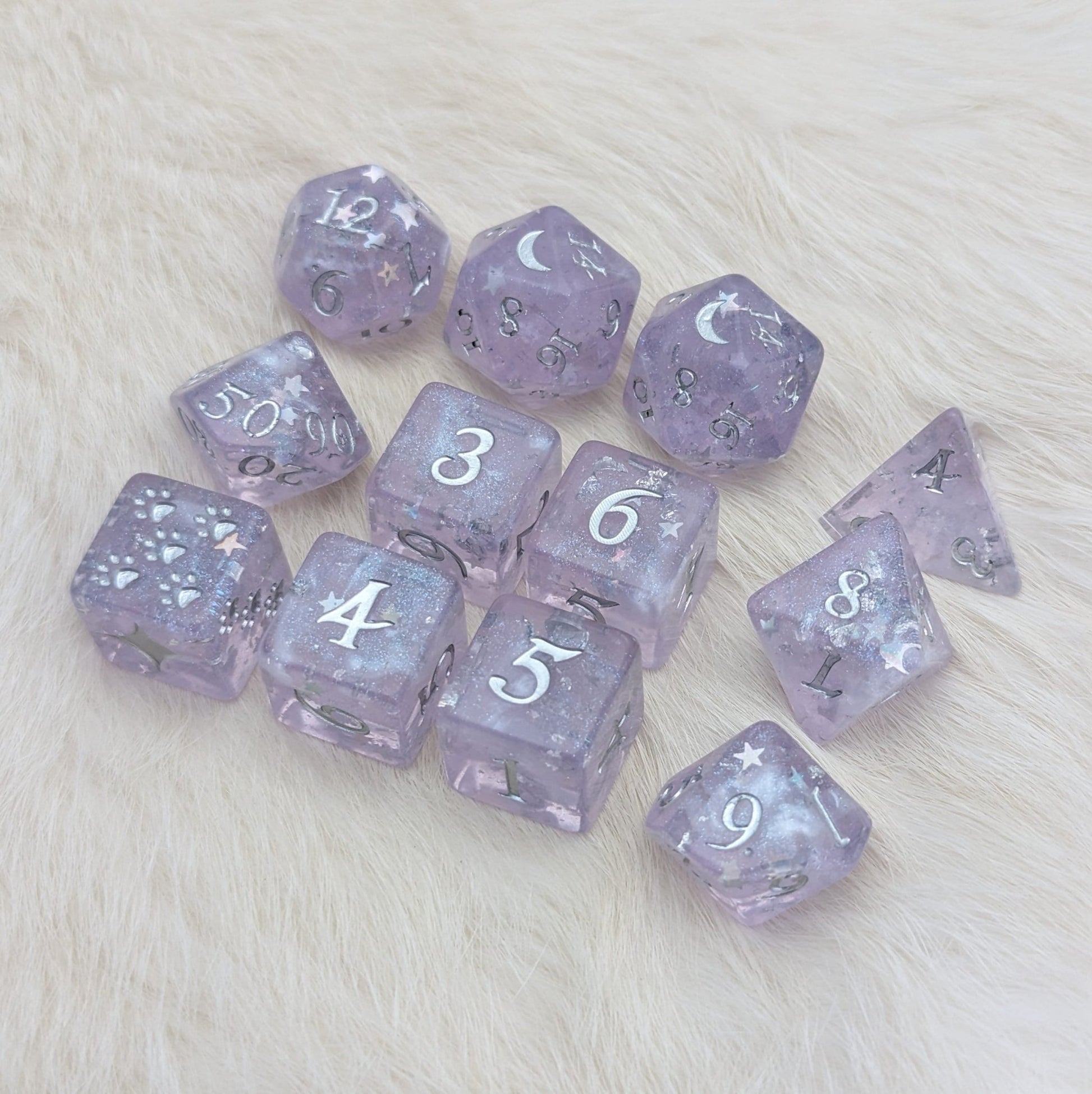 Moonbeam Dice Set – 12 - Piece White Pearl Shimmer DnD Dice with Paw D6 | Fennek & Finch - Fennek and Finch