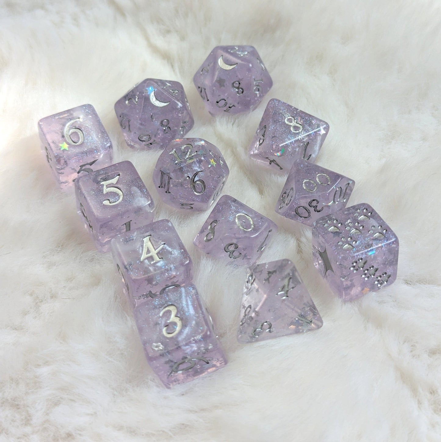 Moonbeam Dice Set – 8 - Piece White Pearl Shimmer DnD Dice | Fennek & Finch - Fennek and Finch