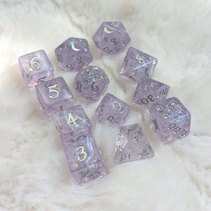 Moonbeam Dice Set – 8 - Piece White Pearl Shimmer DnD Dice | Fennek & Finch - Fennek and Finch