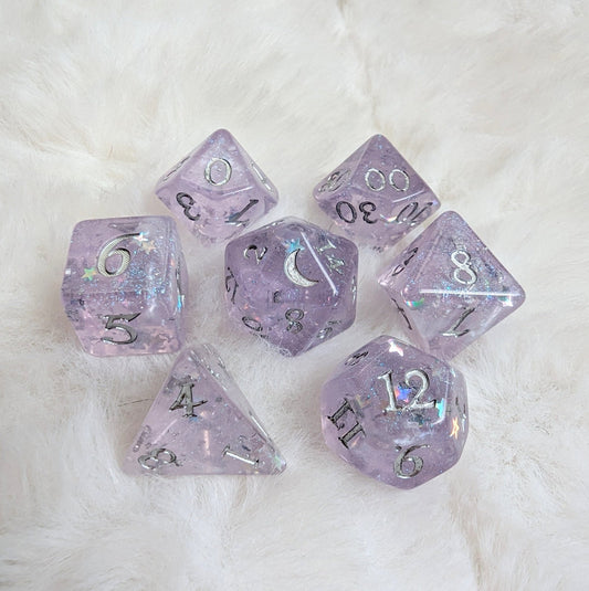 Moonbeam Dice Set – 8 - Piece White Pearl Shimmer DnD Dice | Fennek & Finch - Fennek and Finch