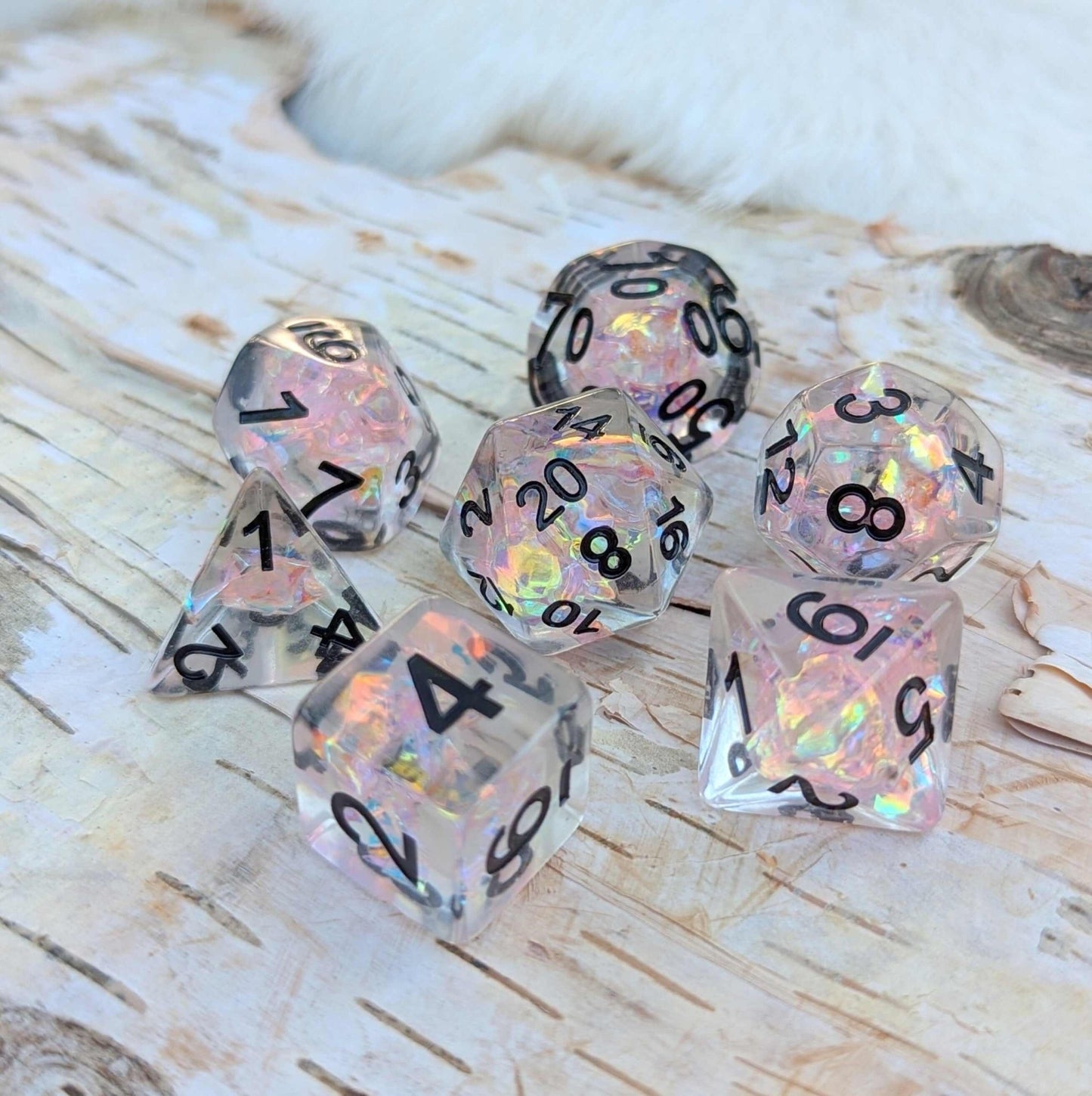 Moonlight Fantasy Dice Set – Clear Resin with Pink Iridescent Cellophane & Black Font - Fennek and Finch