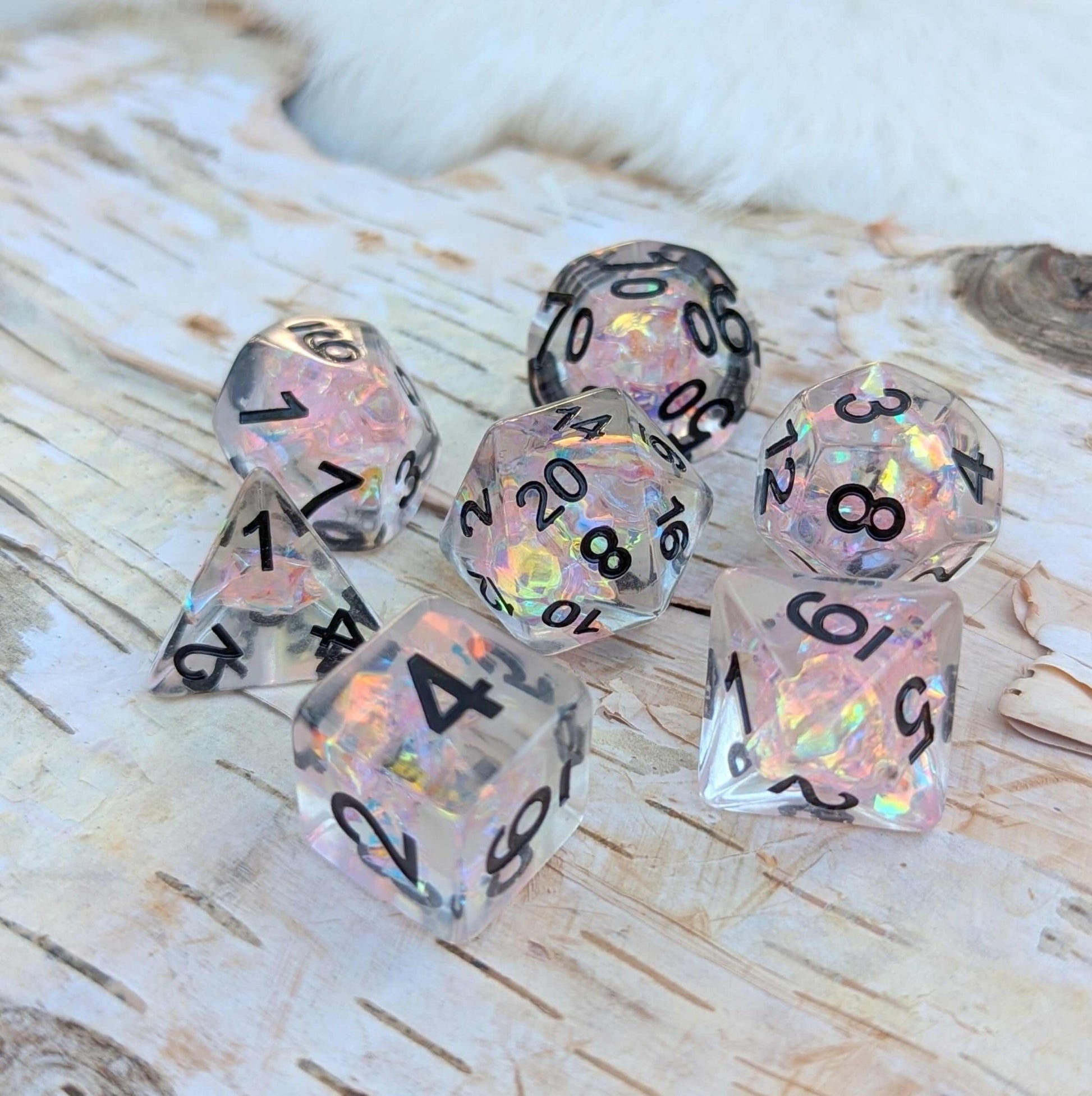 Moonlight Fantasy Dice Set – Clear Resin with Pink Iridescent Cellophane & Black Font - Fennek and Finch