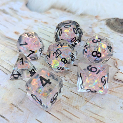 Moonlight Fantasy Dice Set – Clear Resin with Pink Iridescent Cellophane & Black Font - Fennek and Finch