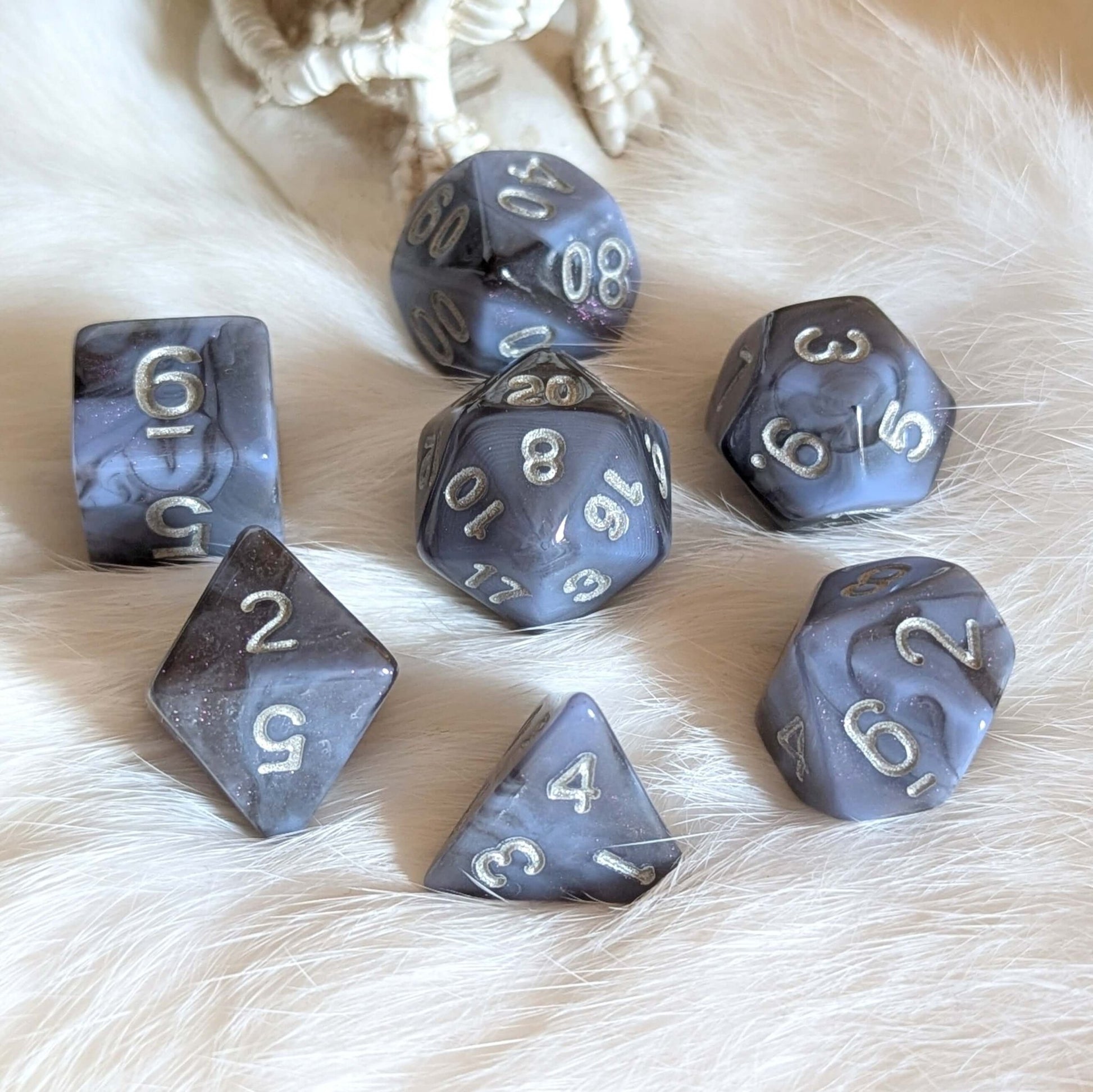 Moonlit Mirage Dice Set – 7 - Piece Grey Blue Marbled Pink Glitter DnD Dice - Fennek and Finch