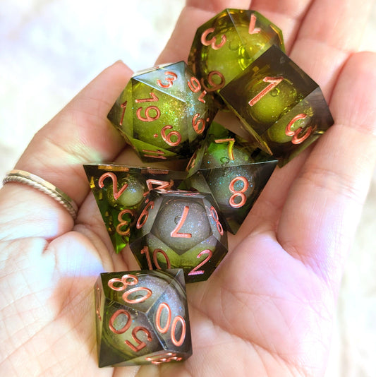 Moss and Earth Liquid Core Sharp Edge Resin DnD Dice Set Dice Sets & Games Fennek and Finch