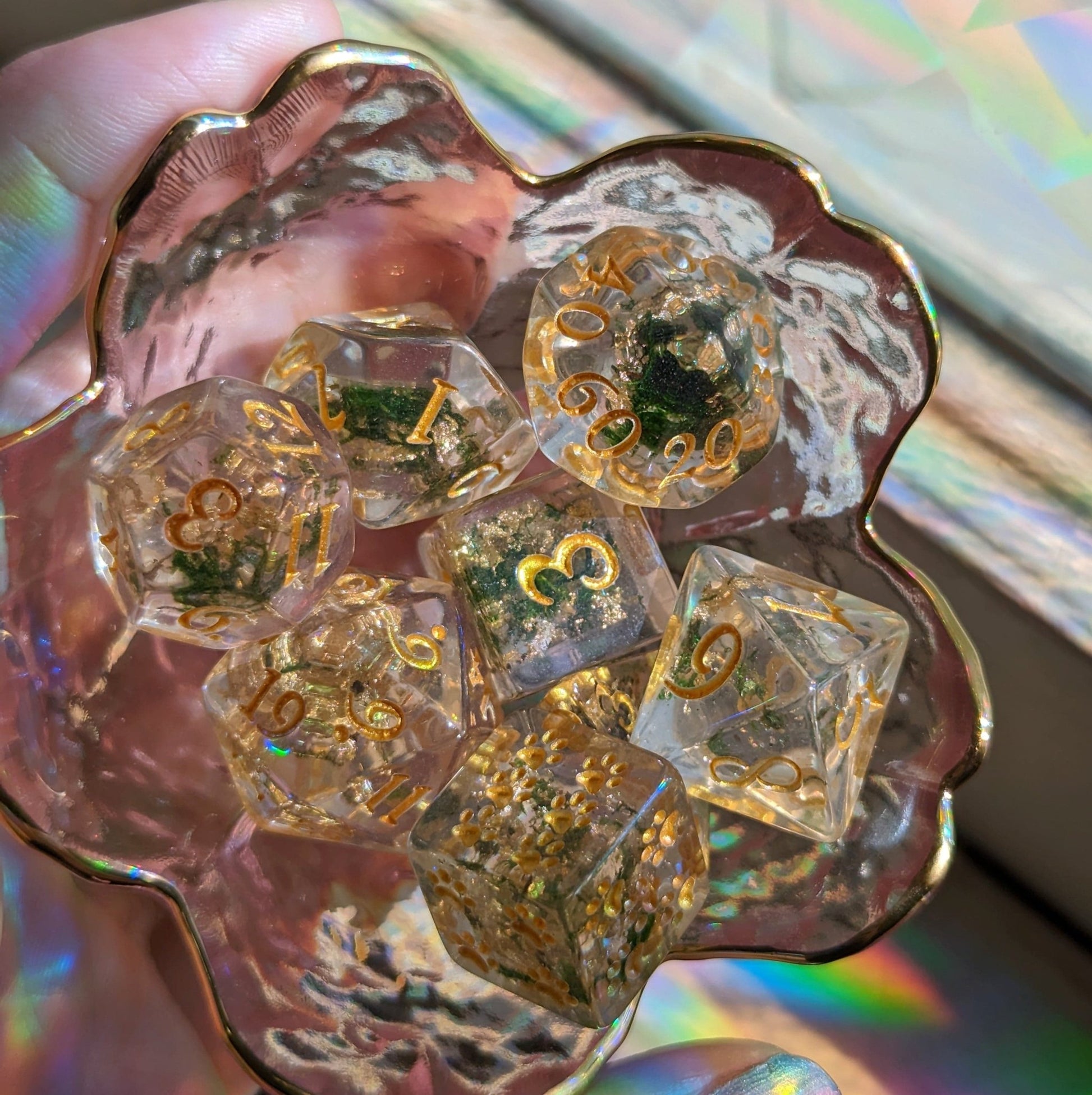 Moss and Gold Dice Set – 8-Piece Botanical DnD Dice with Real Plants | Fennek & Finch Dice sets Fennek and Finch