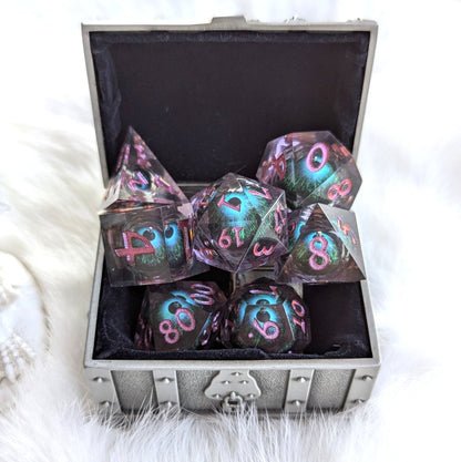 Mystic Eye Liquid Core Sharp Edge Dice Set – 7 - Piece Purple Blue Green Eye DnD - Fennek and Finch