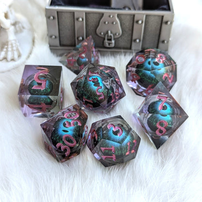 Mystic Eye Liquid Core Sharp Edge Dice Set – 7 - Piece Purple Blue Green Eye DnD - Fennek and Finch