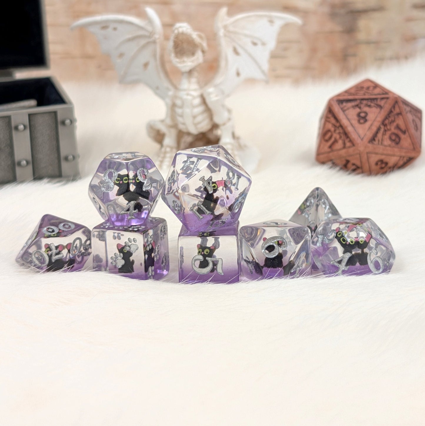 Mystic Familiar Black Cat Dice Set. 8 Piece Animal Themed Dice Set - Fennek and Finch