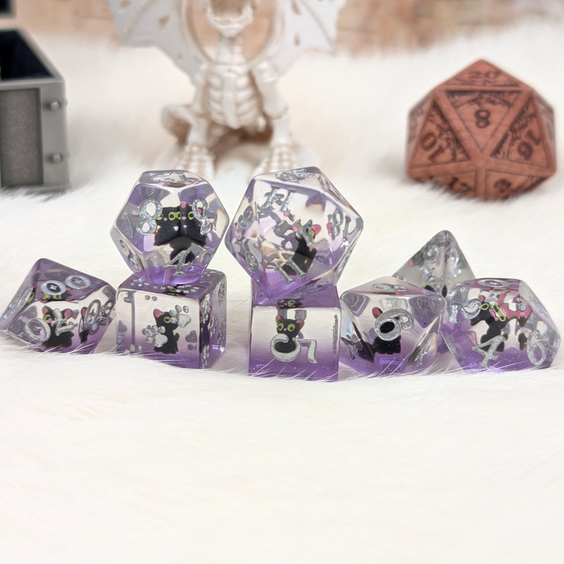 Mystic Familiar Black Cat Dice Set. 8 Piece Animal Themed Dice Set - Fennek and Finch