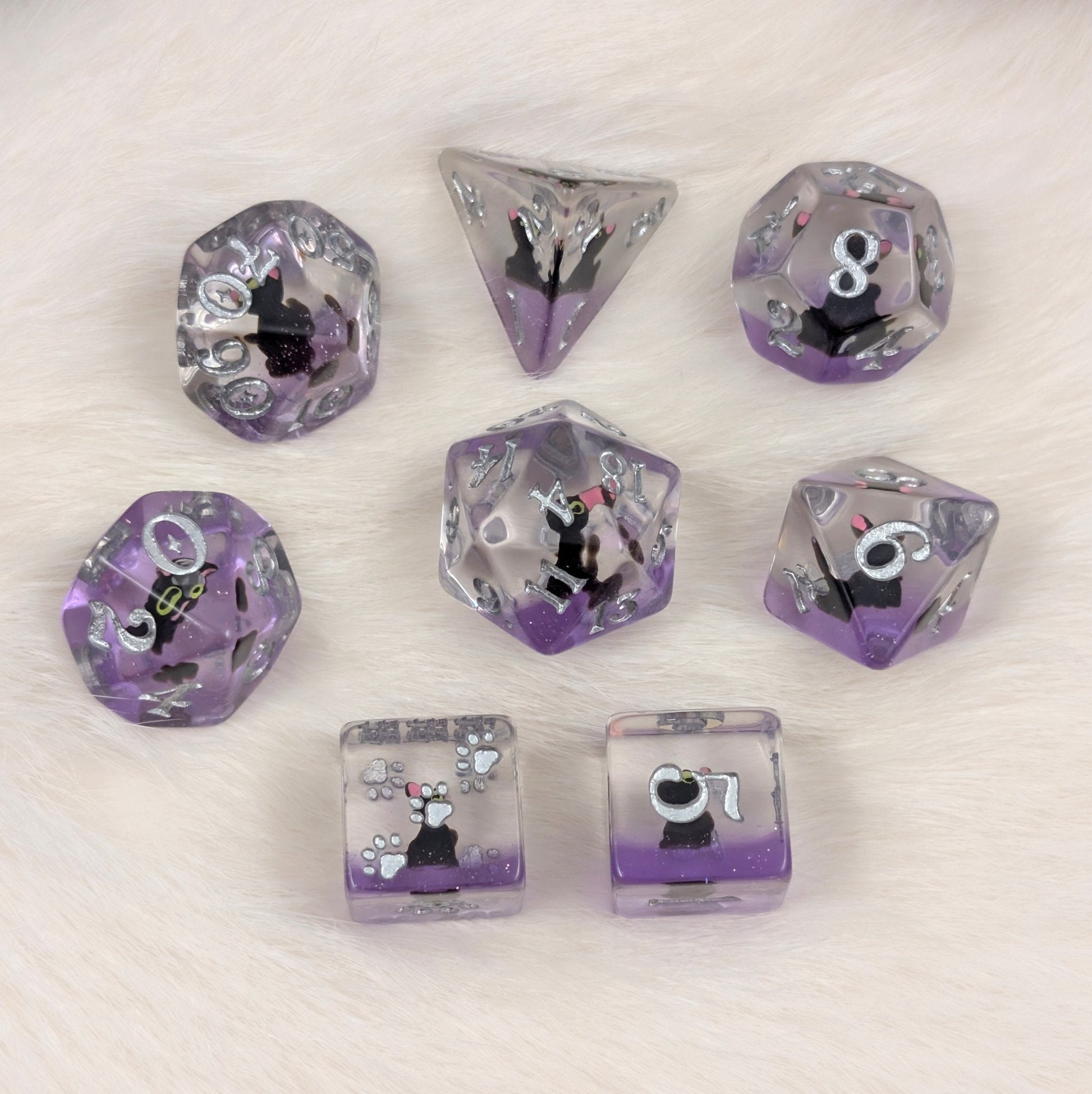 Mystic Familiar Black Cat Dice Set. 8 Piece Animal Themed Dice Set - Fennek and Finch