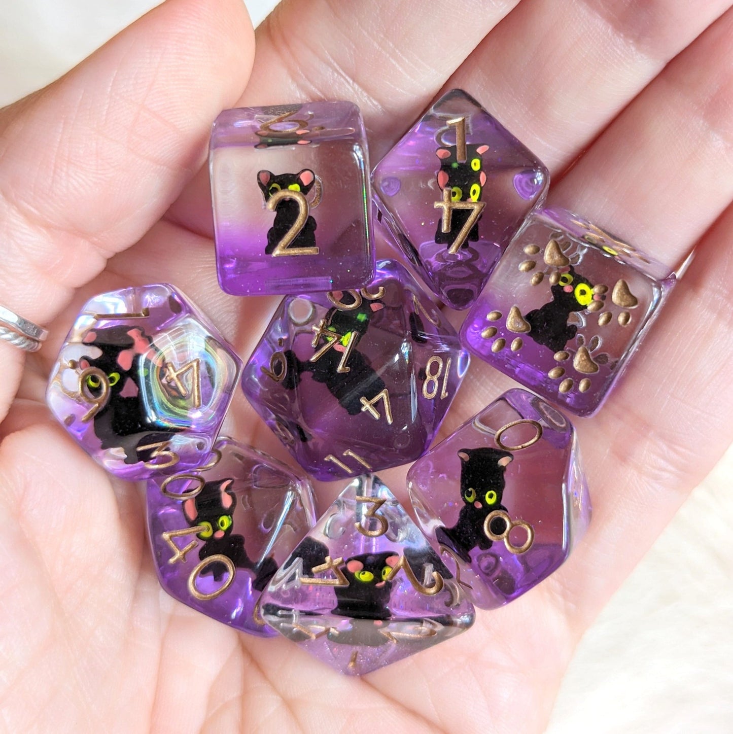 Mystic Familiar Black Cat Dice Set. 8 Piece Animal Themed Dice Set - Fennek and Finch