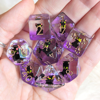 Mystic Familiar Black Cat Dice Set. 8 Piece Animal Themed Dice Set - Fennek and Finch