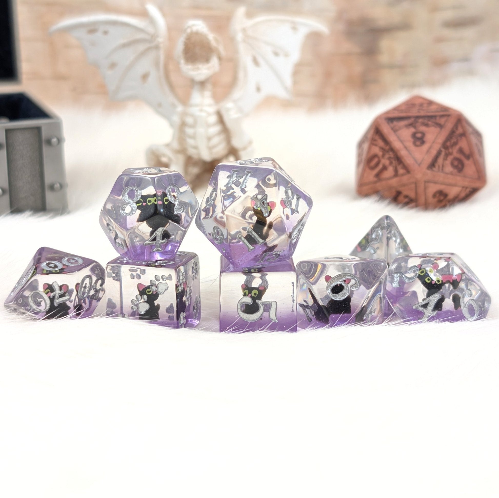 Mystic Familiar Black Cat Dice Set. 8 Piece Animal Themed Dice Set - Fennek and Finch