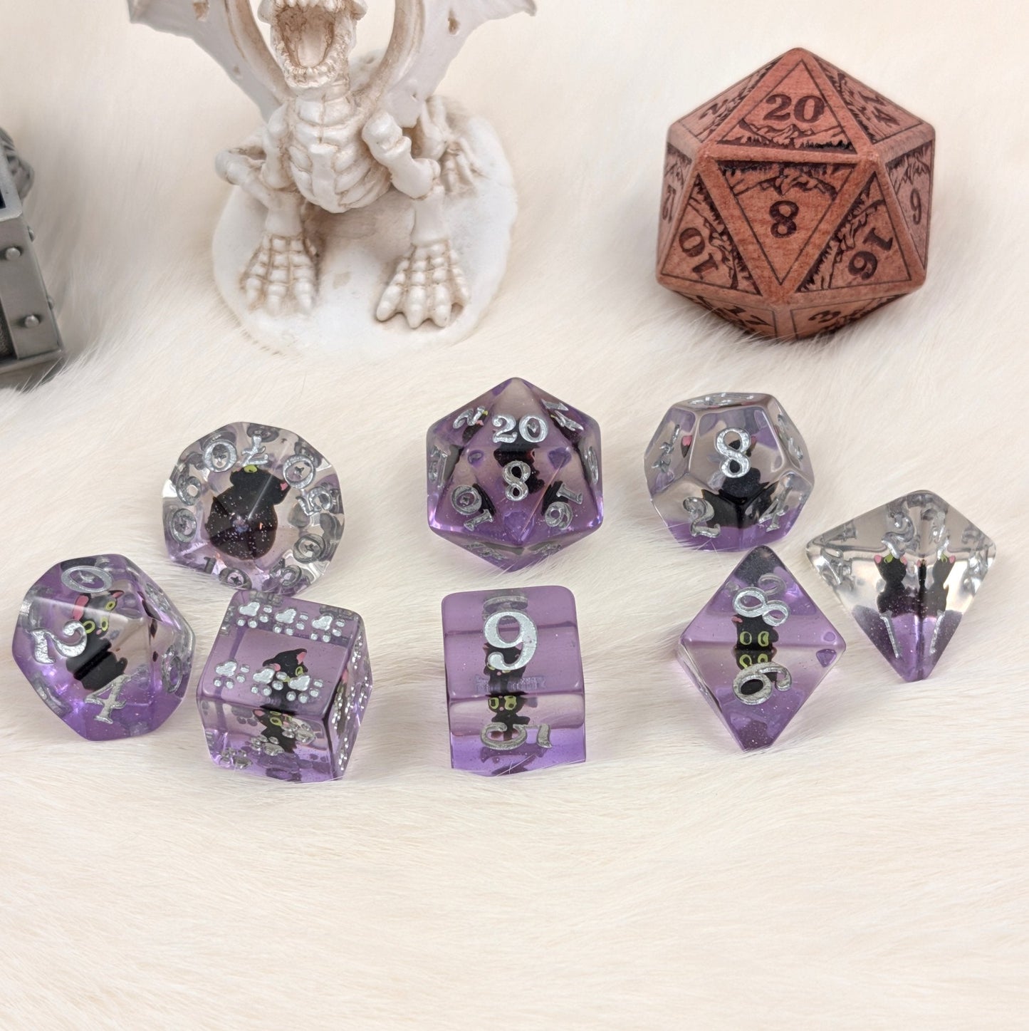 Mystic Familiar Black Cat Dice Set. 8 Piece Animal Themed Dice Set - Fennek and Finch