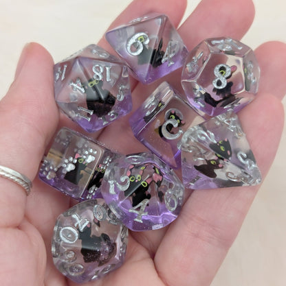 Mystic Familiar Black Cat Dice Set. 8 Piece Animal Themed Dice Set - Fennek and Finch