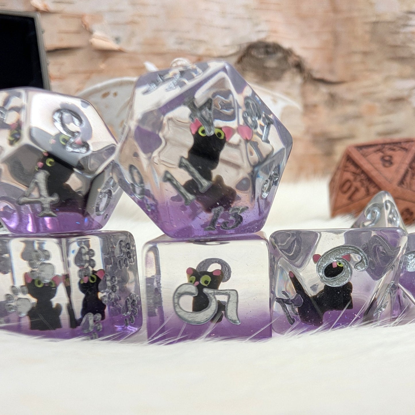 Mystic Familiar Black Cat Dice Set. 8 Piece Animal Themed Dice Set - Fennek and Finch