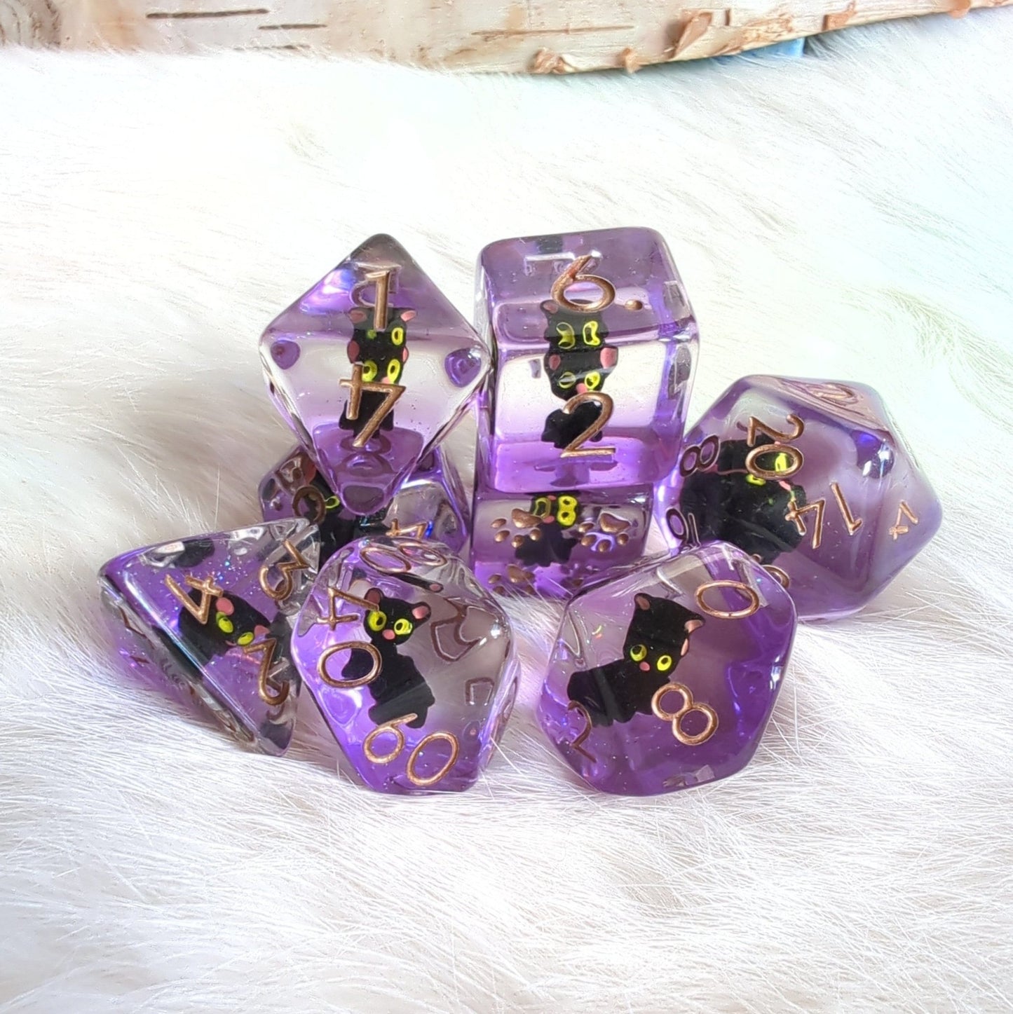 Mystic Familiar Black Cat Dice Set. 8 Piece Animal Themed Dice Set - Fennek and Finch