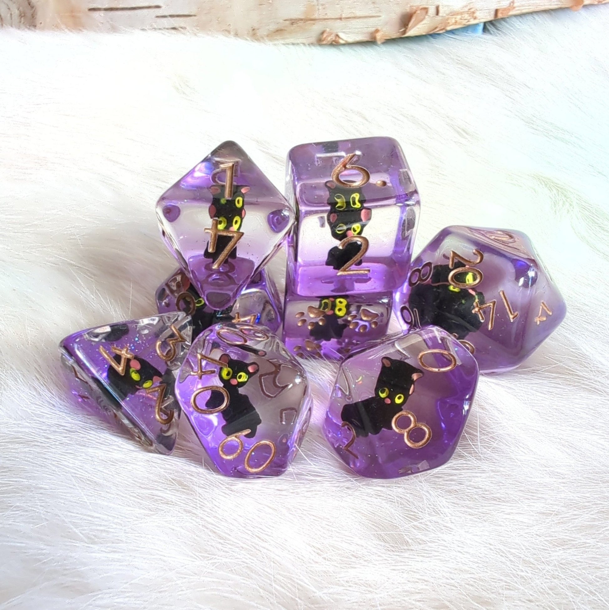 Mystic Familiar Black Cat Dice Set. 8 Piece Animal Themed Dice Set - Fennek and Finch