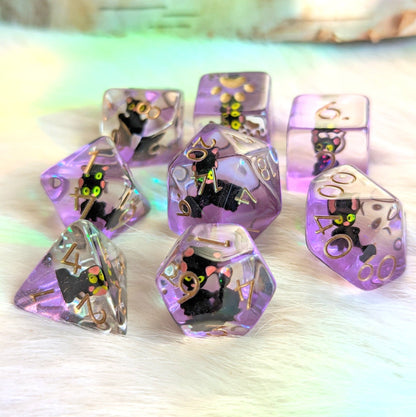 Mystic Familiar Black Cat Dice Set. 8 Piece Animal Themed Dice Set - Fennek and Finch