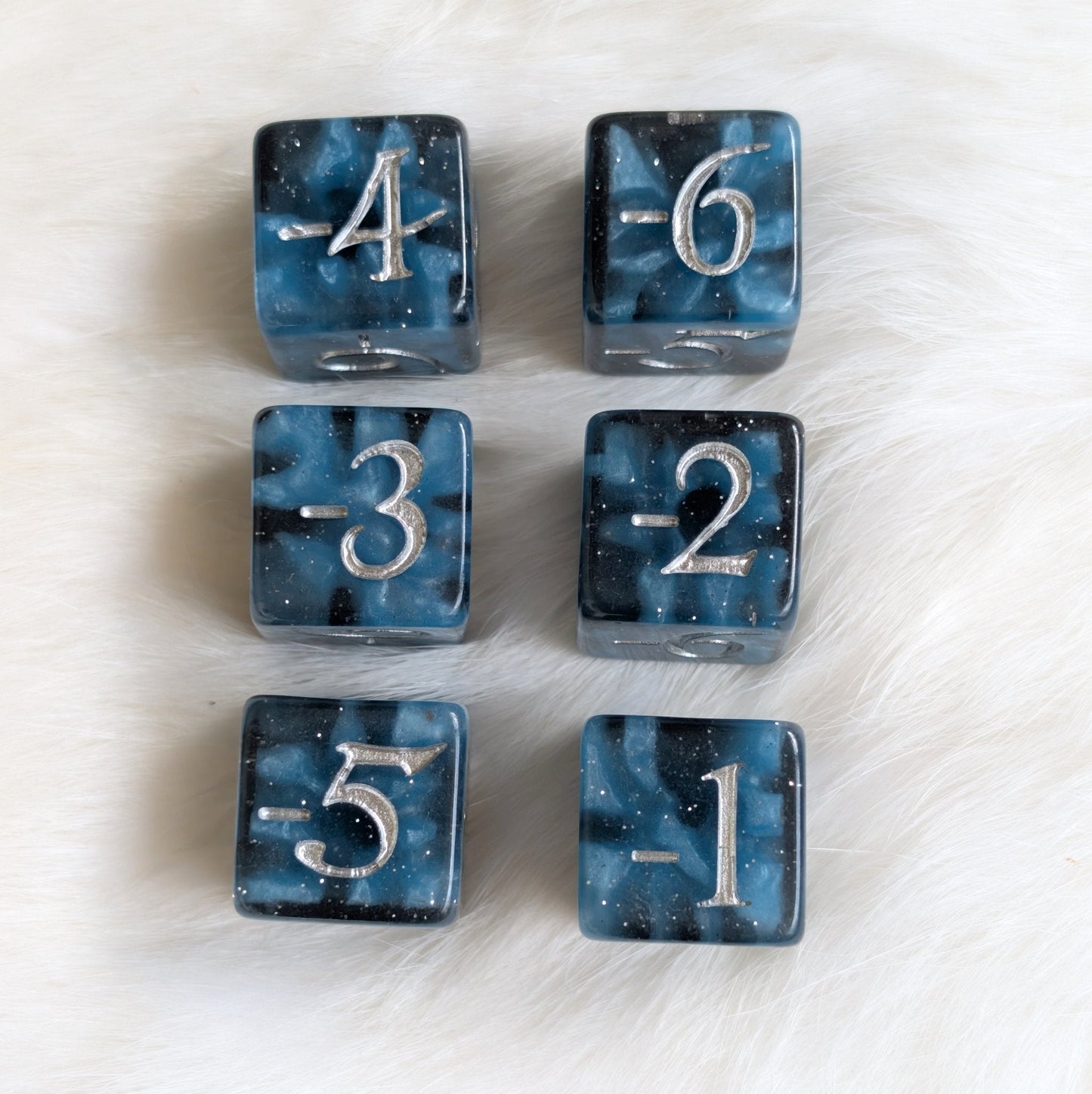 Mystic Mind - Black Blue 6 D6 Negative Counters Dice Fennek and Finch