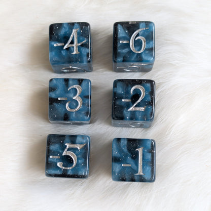 Mystic Mind - Black Blue 6 D6 Negative Counters Dice Fennek and Finch