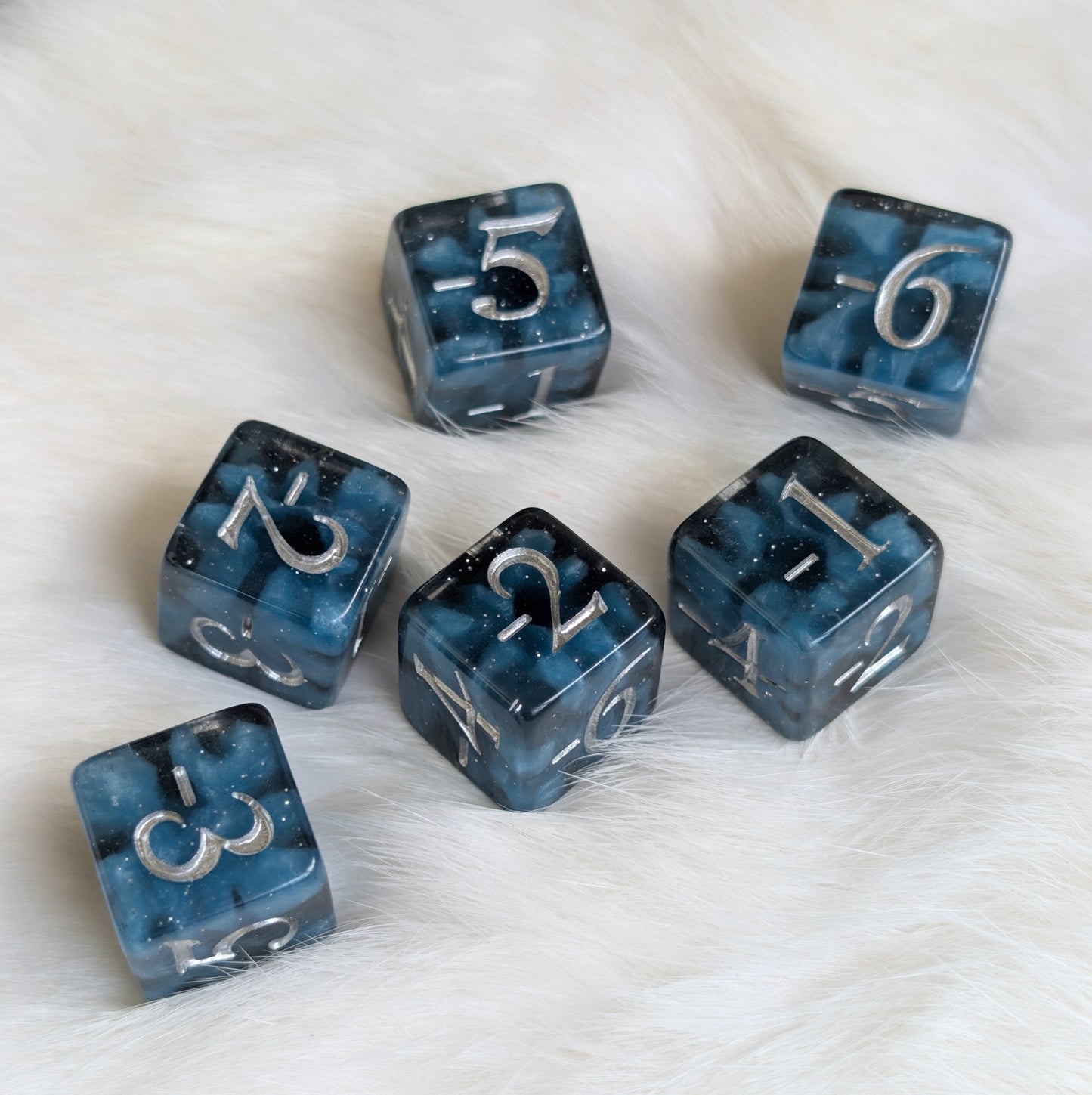 Mystic Mind - Black Blue 6 D6 Negative Counters Dice Fennek and Finch