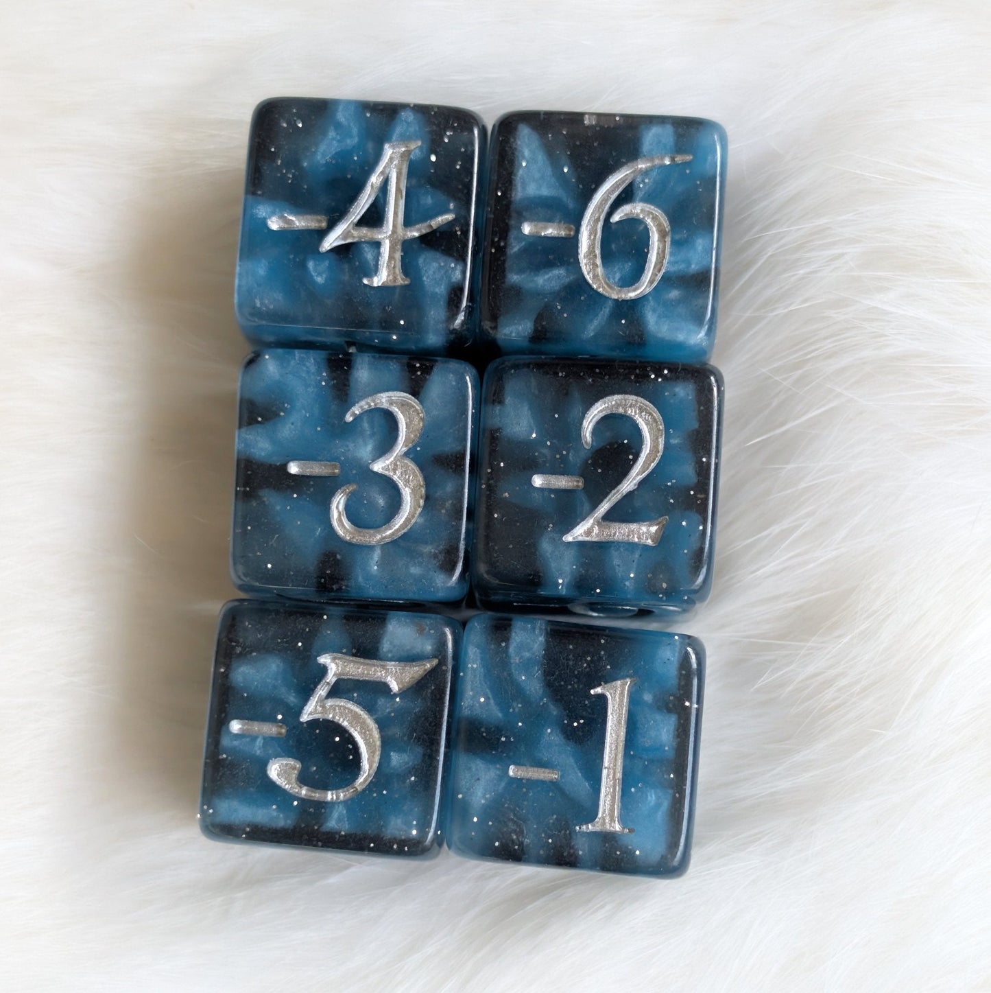 Mystic Mind - Black Blue 6 D6 Negative Counters Dice Fennek and Finch
