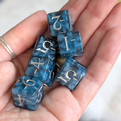 Mystic Mind - Black Blue 6 D6 Negative Counters Dice Fennek and Finch