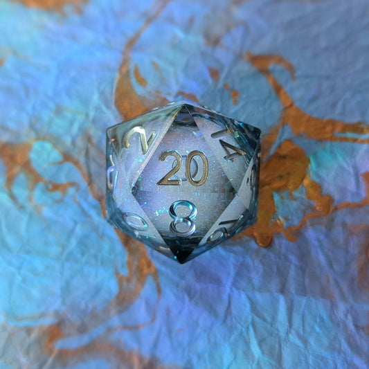 Mystic Storm Liquid Core D20 – 1.5" Grey Rainbow Glitter Swirling Die - Fennek and Finch