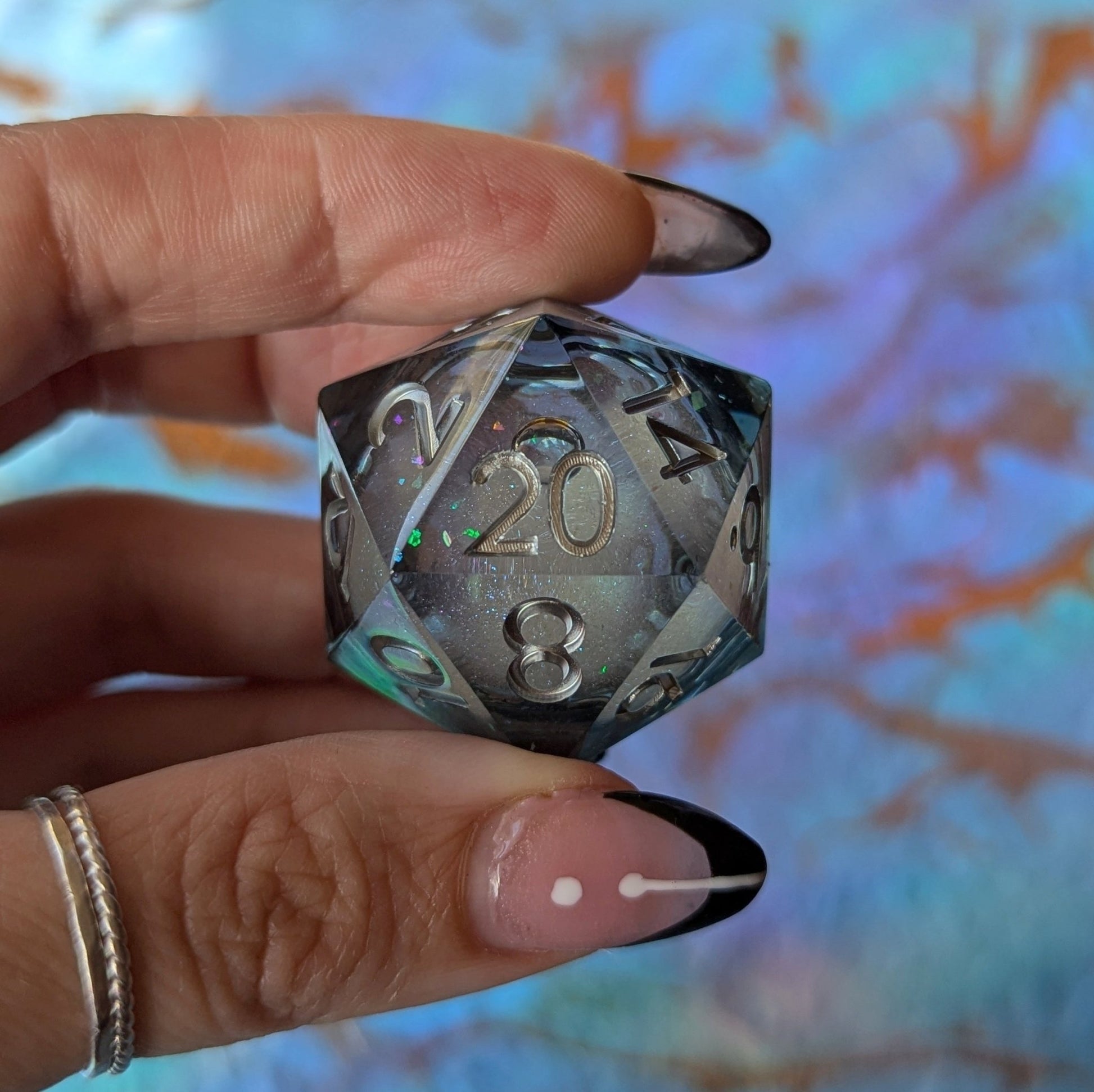 Mystic Storm Liquid Core D20 – 1.5" Grey Rainbow Glitter Swirling Die Dice Sets & Games Fennek and Finch