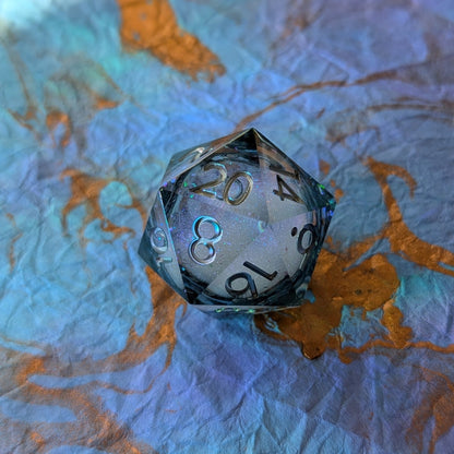 Mystic Storm Liquid Core D20 – 1.5" Grey Rainbow Glitter Swirling Die Dice Sets & Games Fennek and Finch