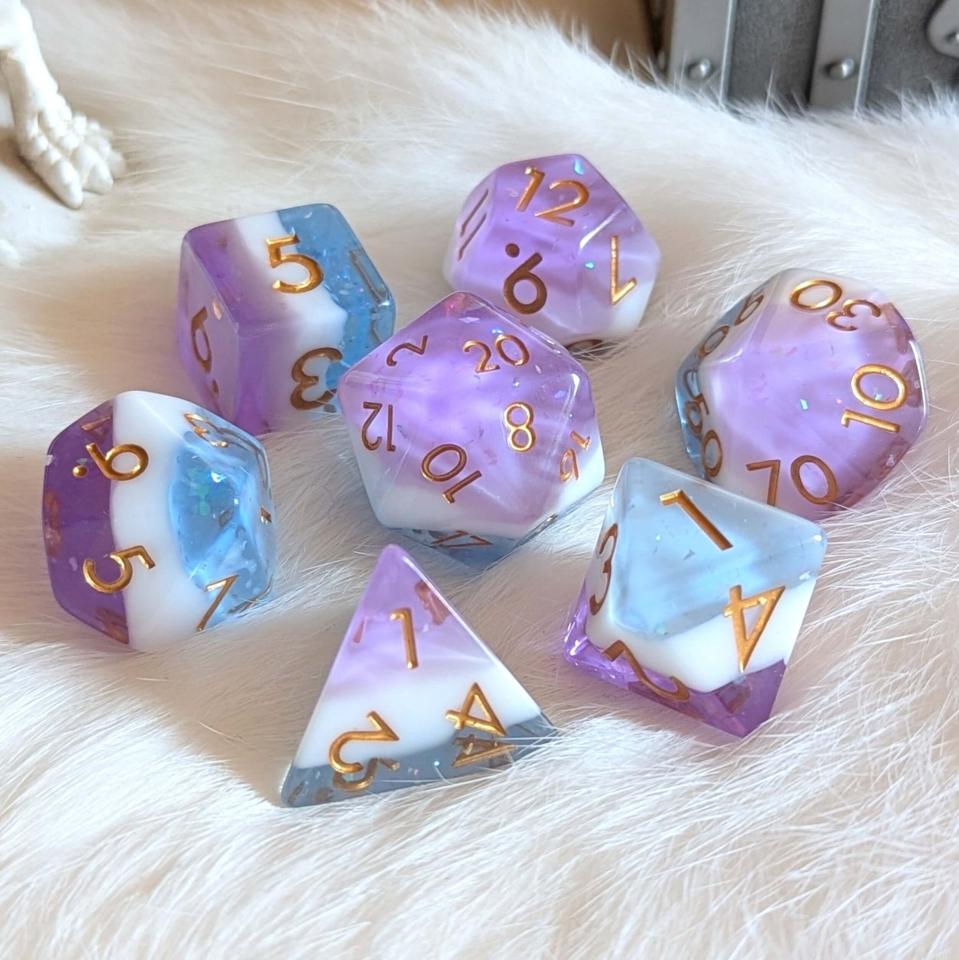 Mystic Tide Dice Set – 7 - Piece Clear Blue White Purple Round - Edge DnD Dice - Fennek and Finch