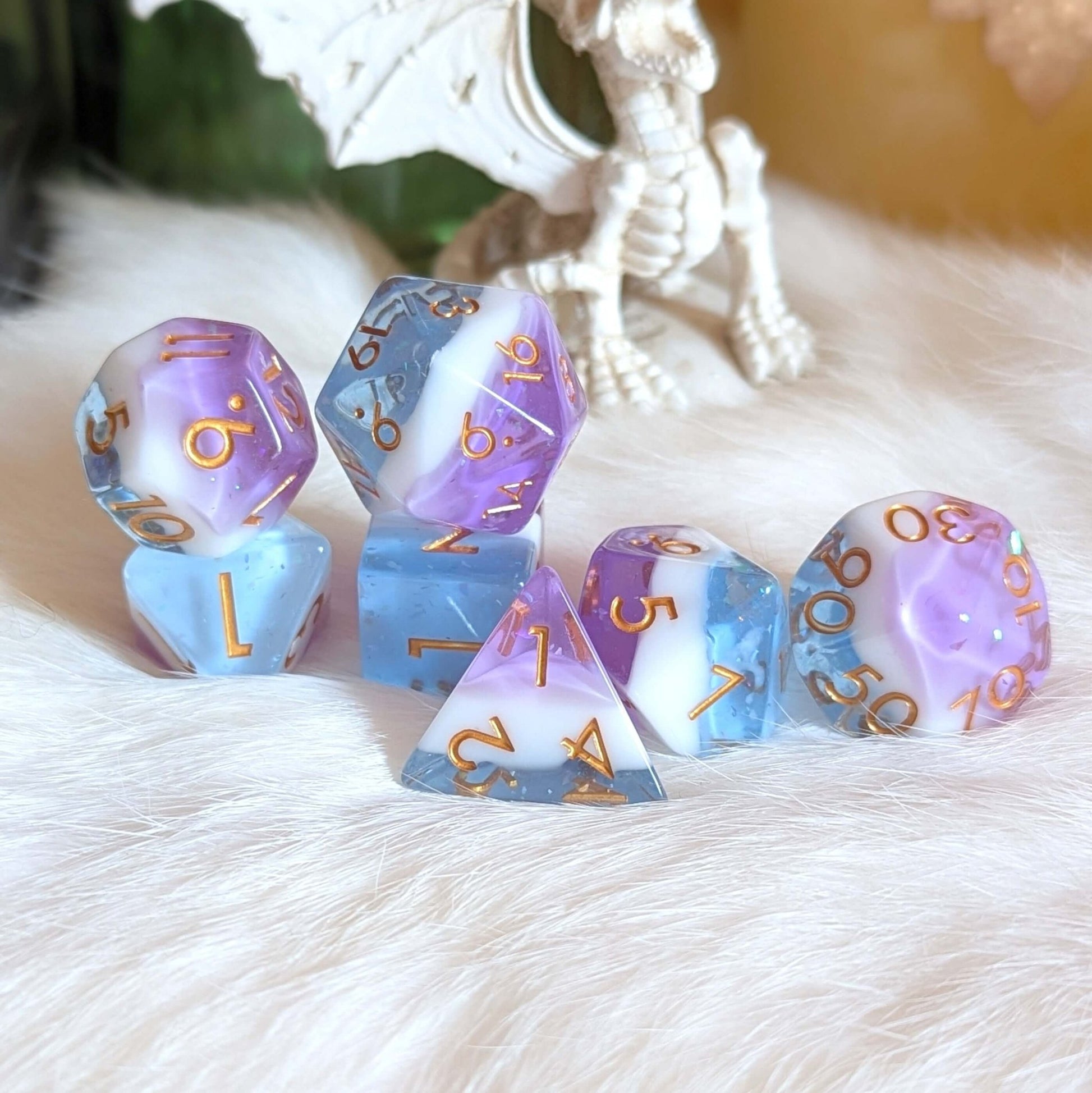 Mystic Tide Dice Set – 7 - Piece Clear Blue White Purple Round - Edge DnD Dice - Fennek and Finch