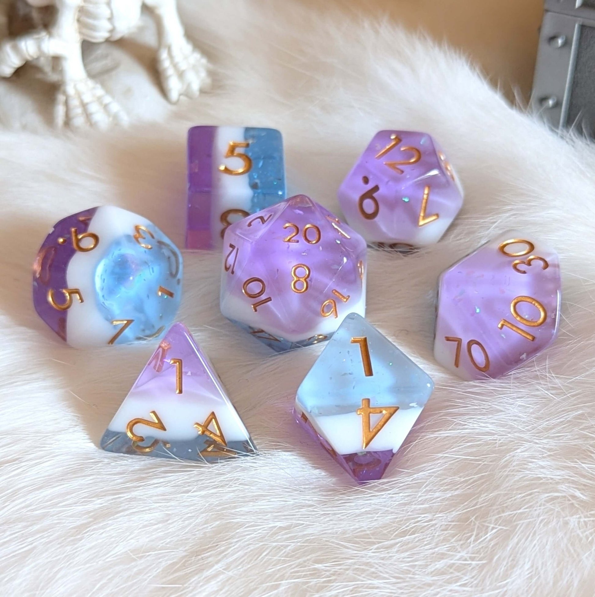Mystic Tide Dice Set – 7 - Piece Clear Blue White Purple Round - Edge DnD Dice - Fennek and Finch