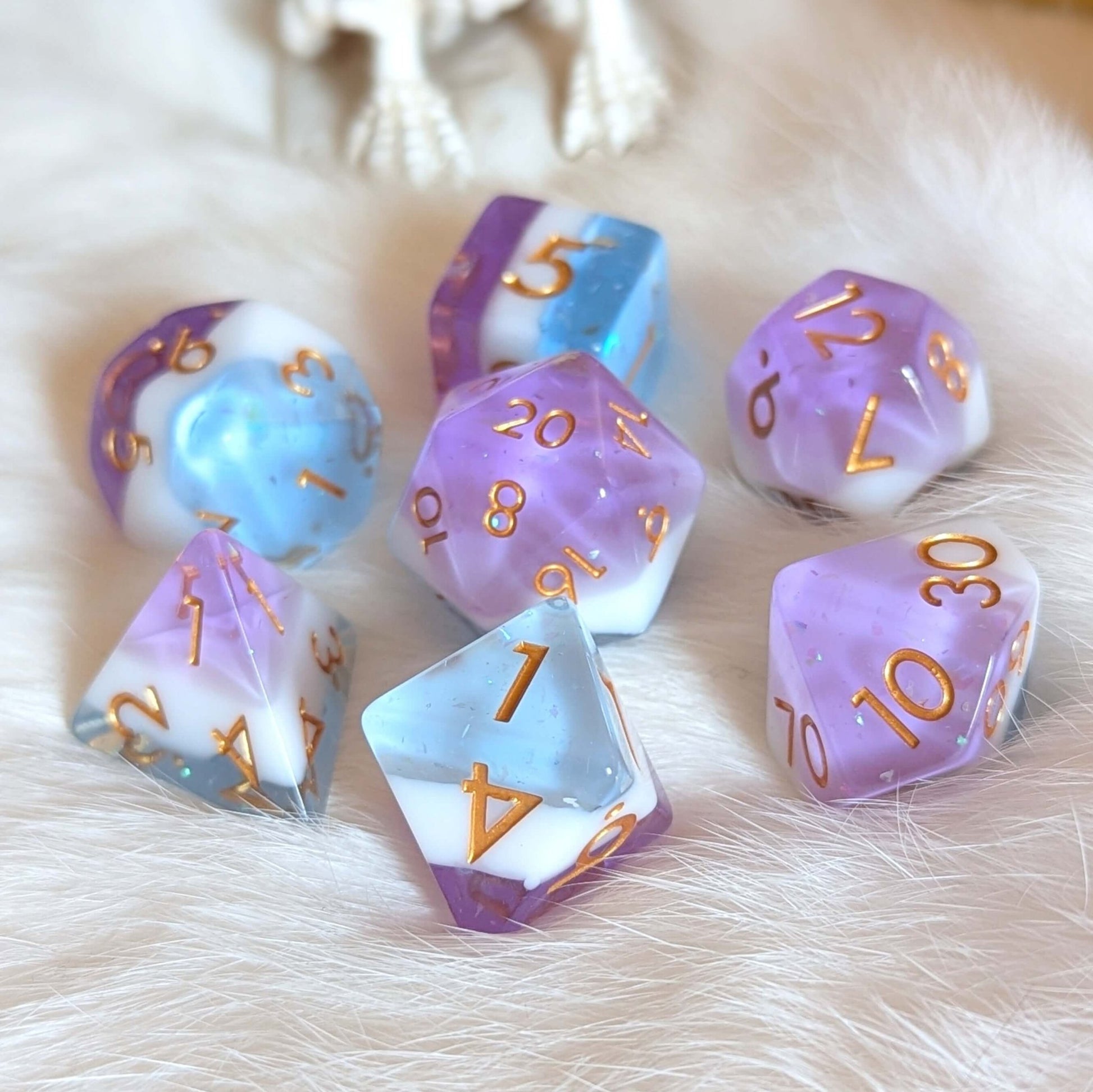 Mystic Tide Dice Set – 7 - Piece Clear Blue White Purple Round - Edge DnD Dice - Fennek and Finch