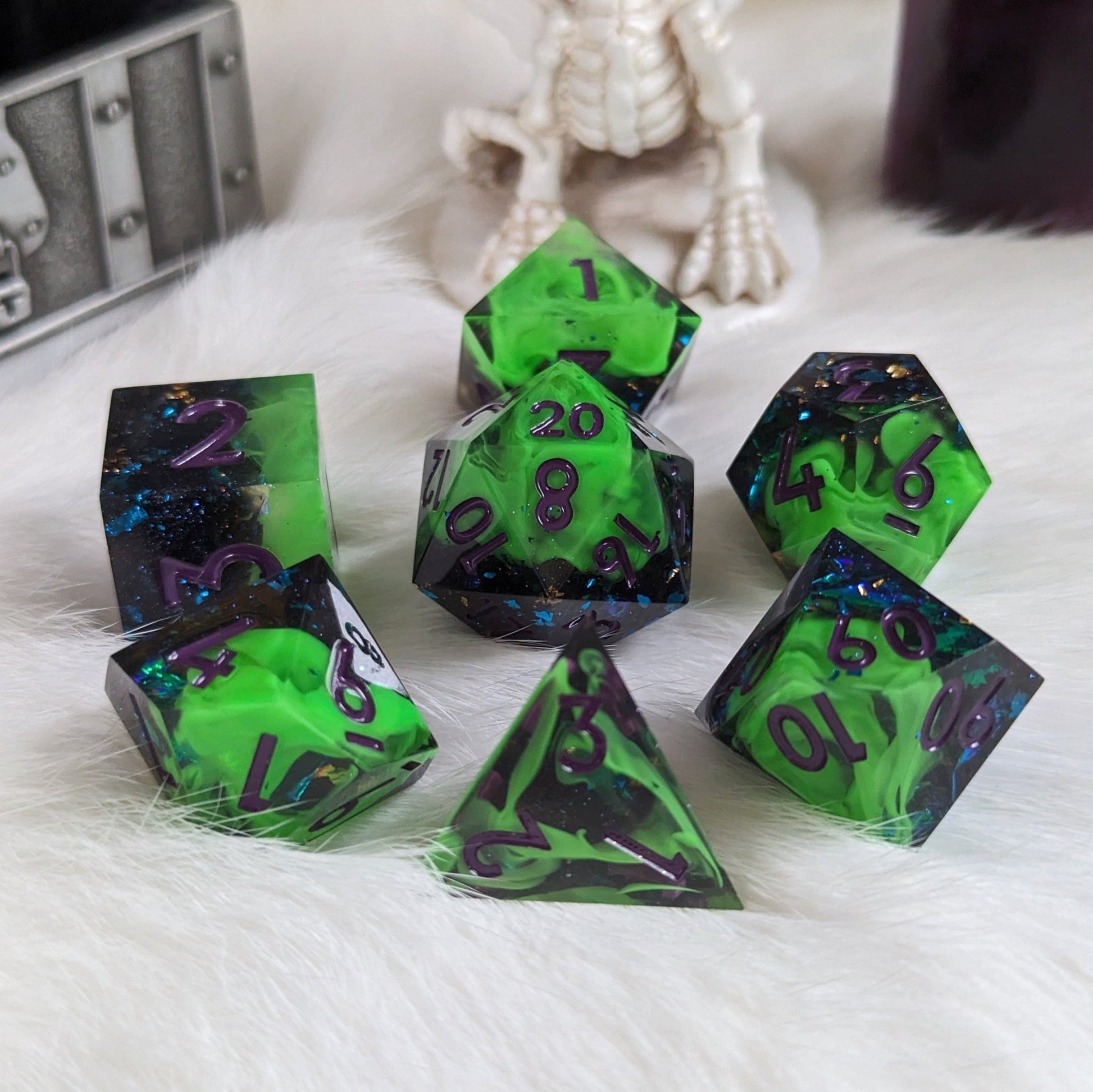 Neon Green Black Dice Set – 7 - Piece Sharp Edge Layered Swirling Purple Font DnD - Fennek and Finch