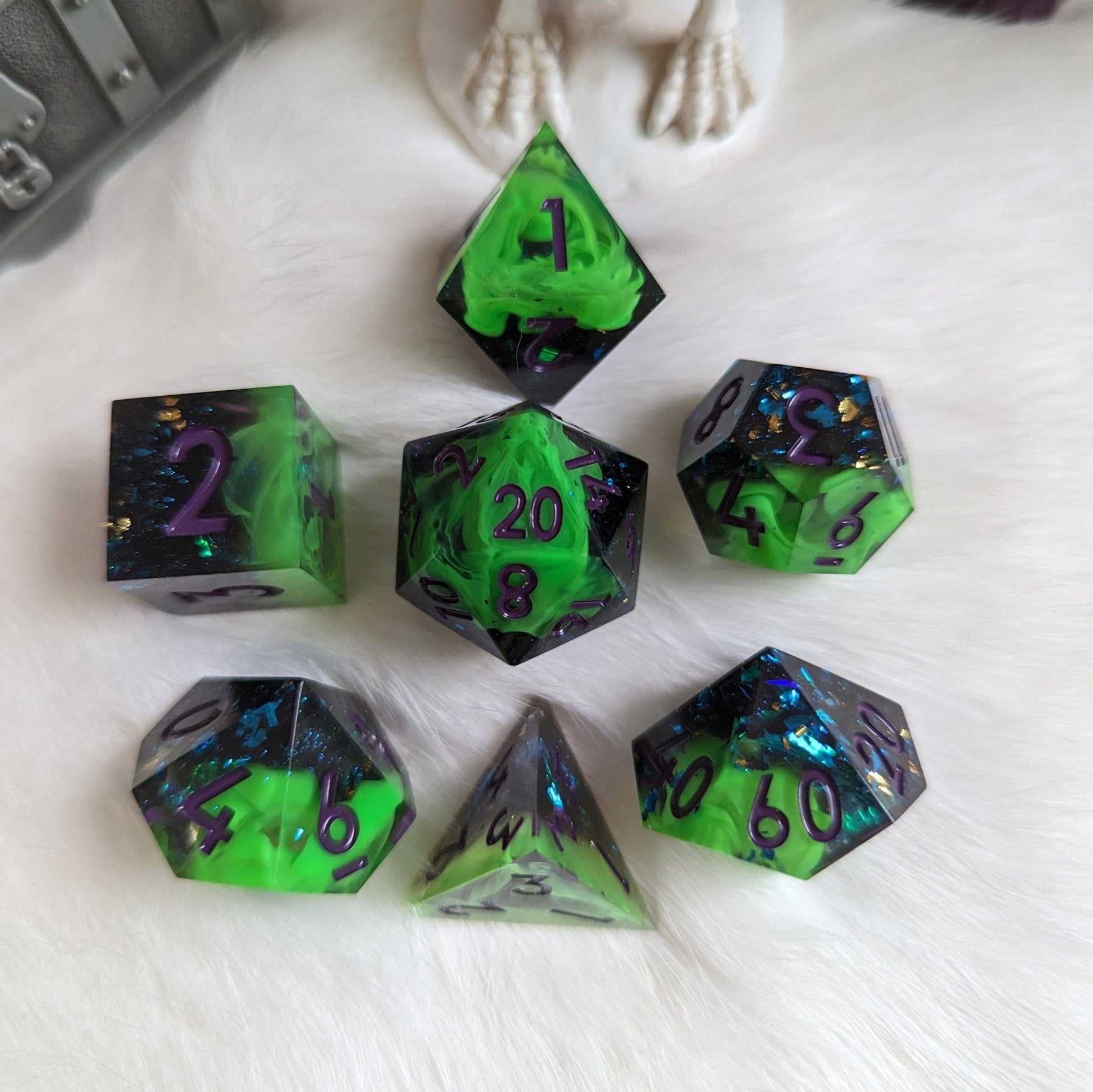 Neon Green Black Dice Set – 7 - Piece Sharp Edge Layered Swirling Purple Font DnD - Fennek and Finch