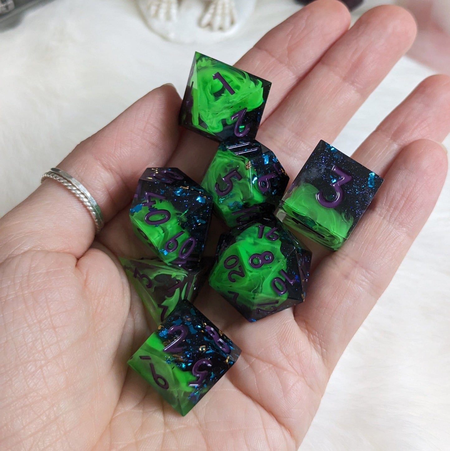 Neon Green Black Dice Set – 7 - Piece Sharp Edge Layered Swirling Purple Font DnD - Fennek and Finch