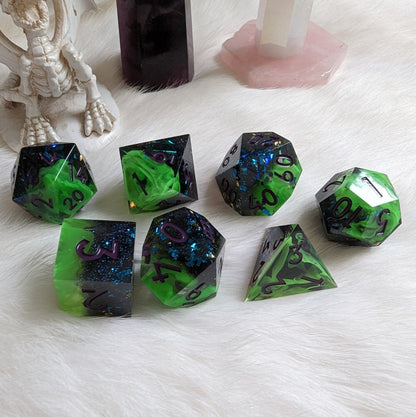 Neon Green Black Dice Set – 7 - Piece Sharp Edge Layered Swirling Purple Font DnD - Fennek and Finch