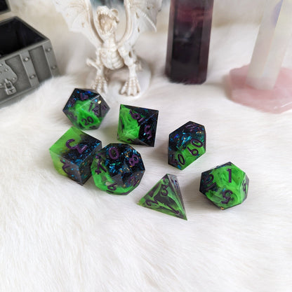 Neon Green Black Dice Set – 7 - Piece Sharp Edge Layered Swirling Purple Font DnD - Fennek and Finch